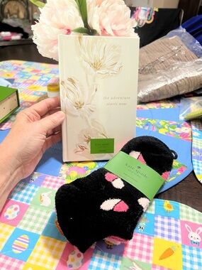 kate spade cream floral journal with black socks featuring pink and cream hearts